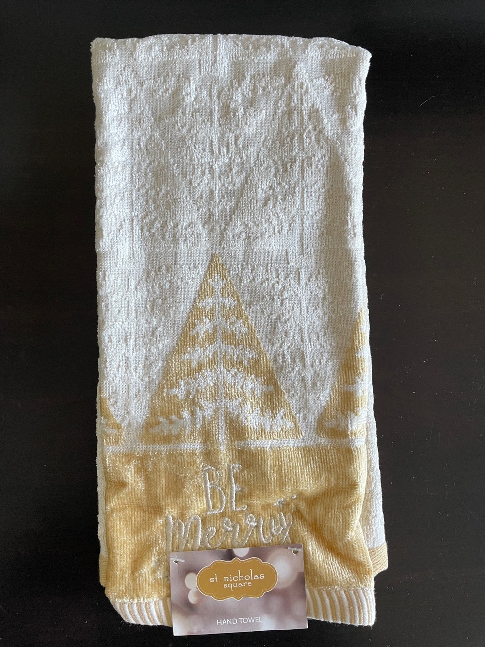 St. Nicholas Square White and Gold Holiday Embroidered Hand Towel